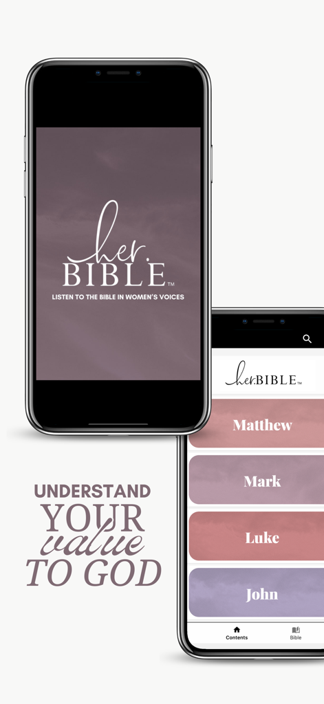 her.BIBLE Women's Audio Bible - Screenshots of the her.BIBLE mobile app showing the welcome screen and scripture book selection for women