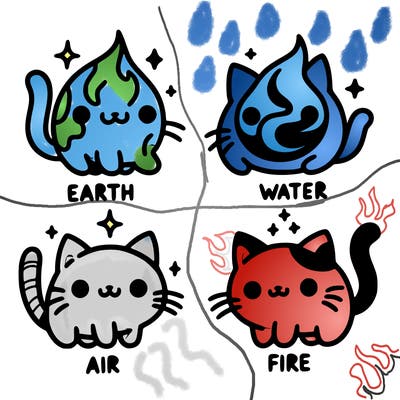4 cats that represent the different elements, earth, water, air, and fire