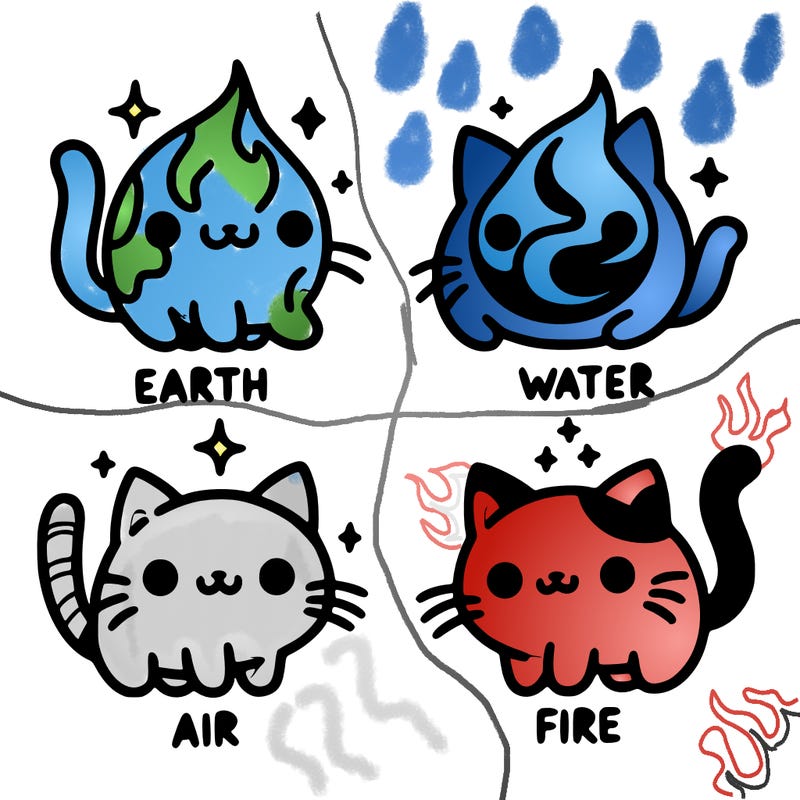 4 cats that represent the different elements, earth, water, air, and fire