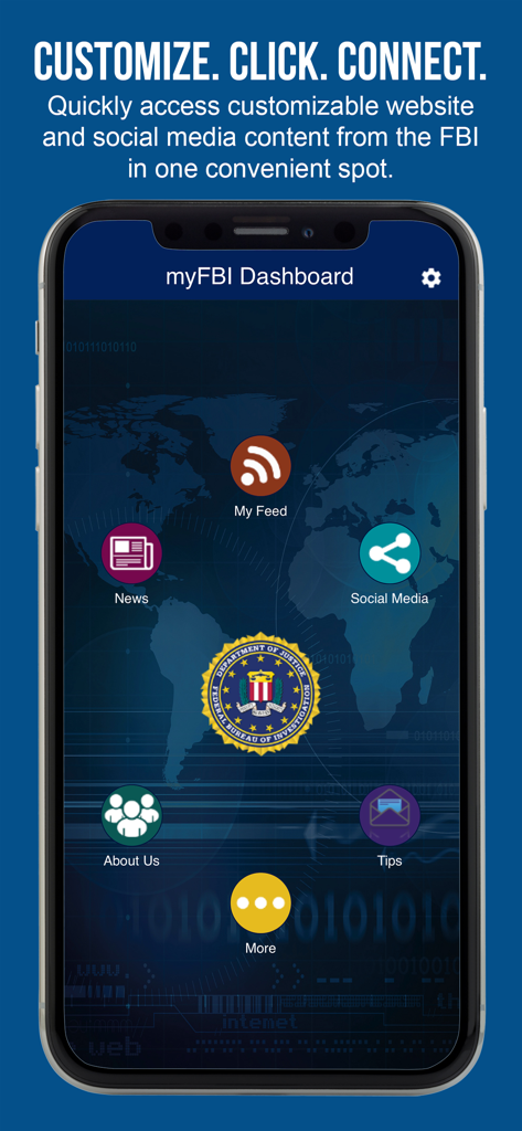 myFBI Dashboard - The main menu of the myFBI Dashboard app showing navigation icons for news social media and tips.