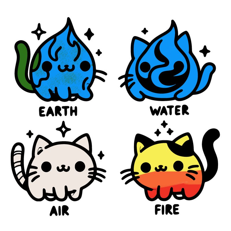 4 cats that represent the different elements, earth, water, air, and fire