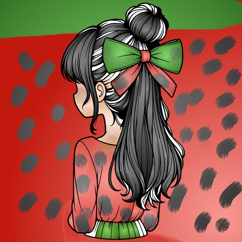 realistic girl  with hip length hair a bun and a big bow on the back of head