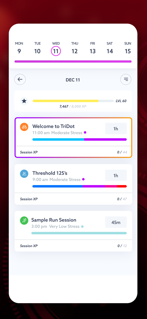 TriDot Triathlon Training - TriDot app interface showing a daily training schedule for swimming cycling and running sessions