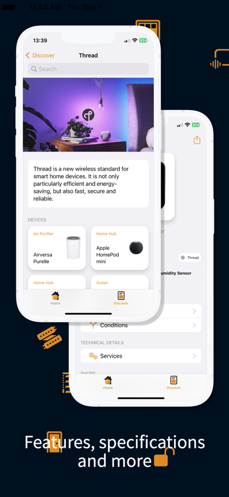 SmartApfel app interface displaying Thread wireless standard information and smart home device specifications