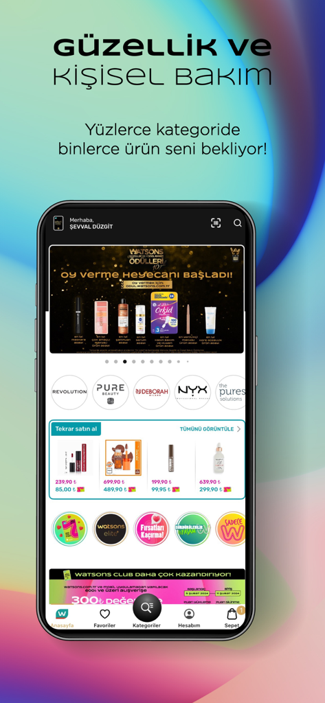 Startbildschirm der Watsons Beauty- und Körperpflege-Shopping-App mit Produktkategorien und Marken