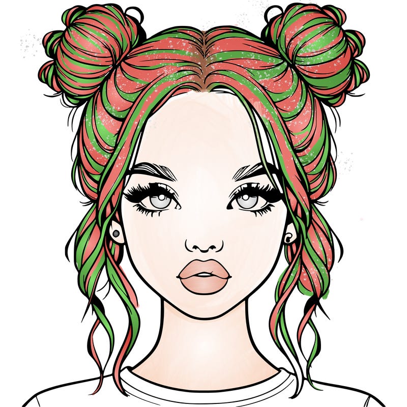 realistic girl with two buns in hair and lips