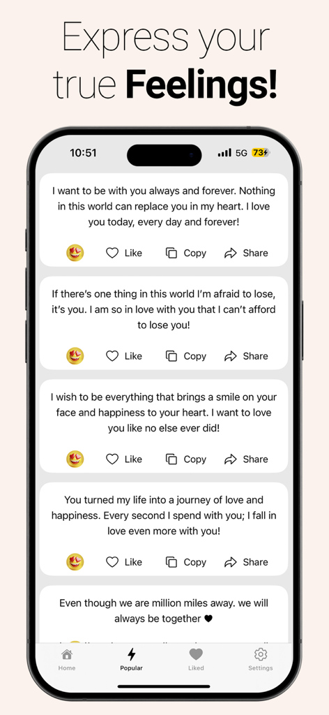 Messages & Quotes for WhatsApp - Smartphone screen displaying romantic love messages with options to like copy and share
