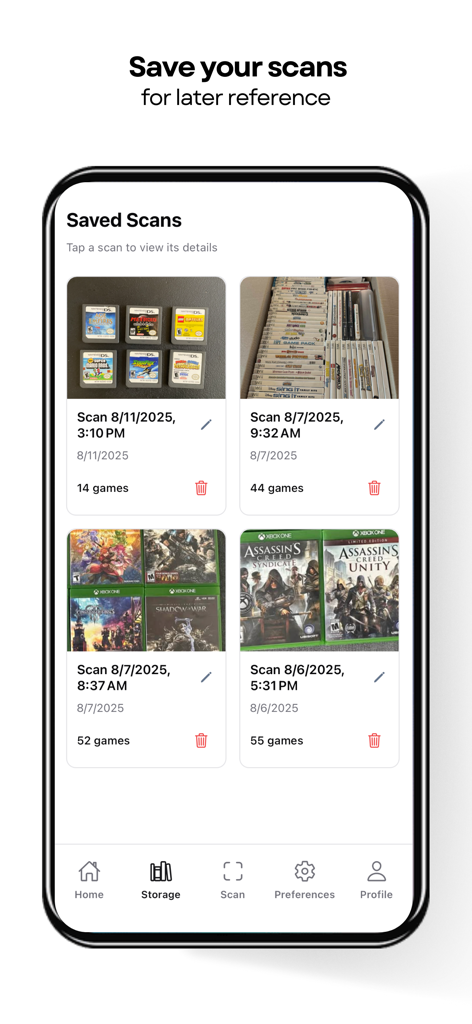 Flippr: Find, Sell, Earn - The Saved Scans screen in the Flippr app showing a list of categorized video game inventory with scan dates and item counts.