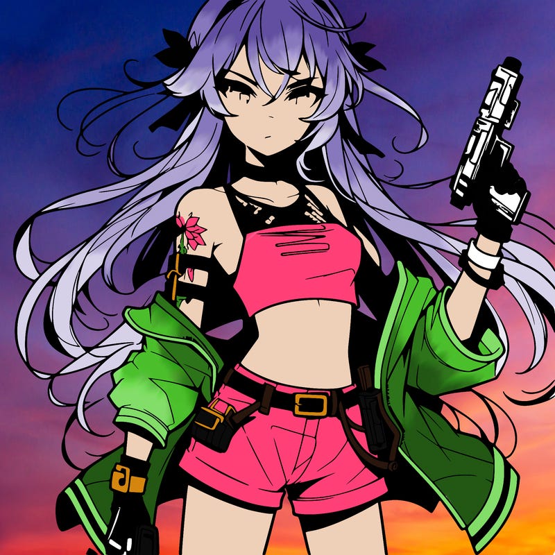 bad girl wearing crop top holding a gun long hair anime