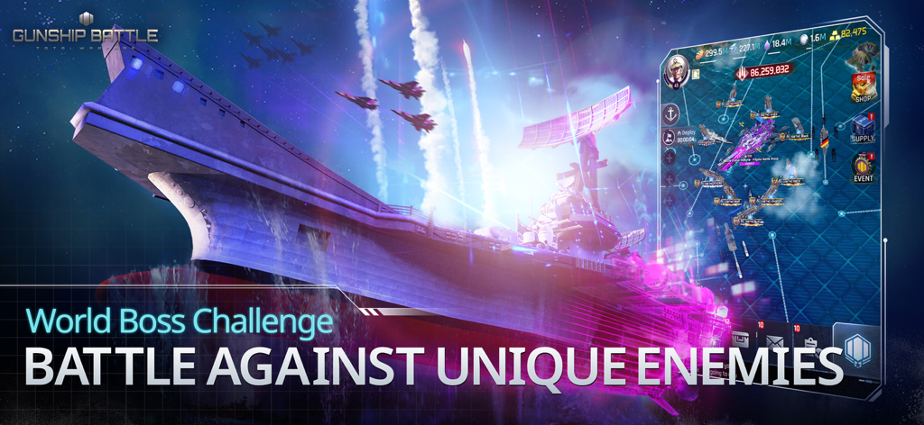 Gunship Battle Total Warfare - A large naval aircraft carrier and fighter jets during a world boss challenge in Gunship Battle Total Warfare.