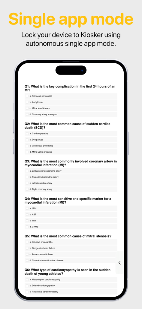 Kiosker Pro: Web Kiosk - IPhone screen showing a medical quiz in single app mode
