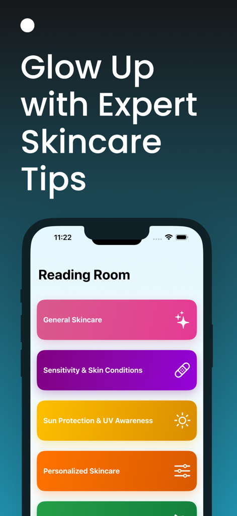 AI Skin Scanner: Skincare Time - App interface showing skincare tips categories like General Skincare and Sun Protection.