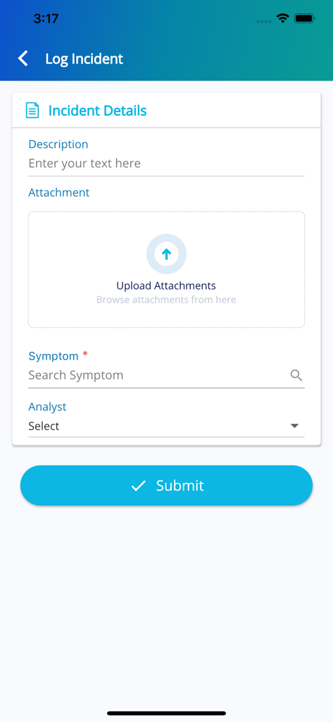 SymphonyAI Summit 모바일 인터페이스, 설명 및 첨부 파일 필드가 있는 IT 사고 기록