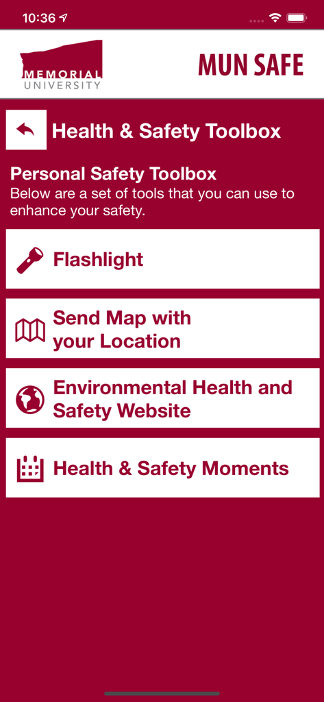 MUN Safe - MUN Safe app screen showing the Health and Safety Toolbox with flashlight and location sharing features