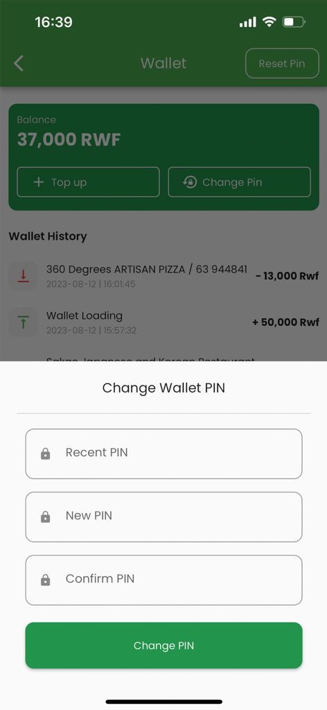 Vuba Vuba - Change Wallet PIN screen in the Vuba Vuba mobile app