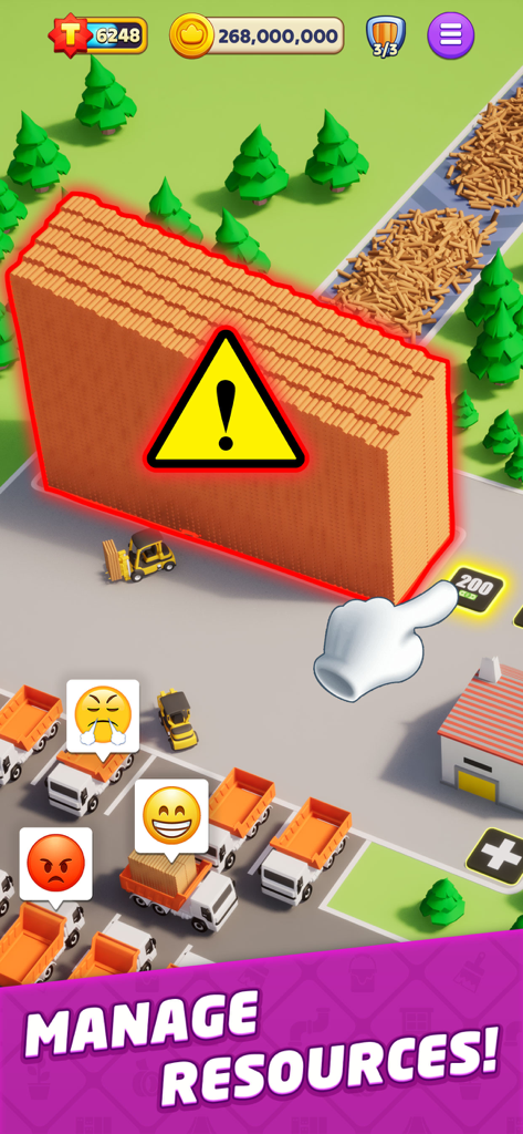 Top Tycoon gameplay screen showing timber production management with trucks and storage facilities.