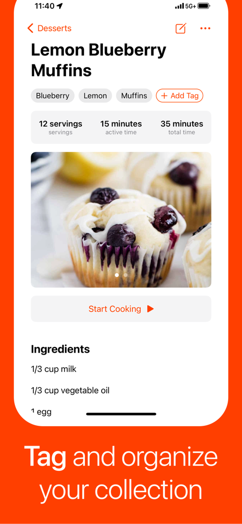 Umami app screen showing a lemon blueberry muffin recipe with tags and ingredient list