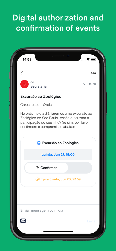 ClassApp mobile interface displaying a digital authorization request for a school trip to the zoo