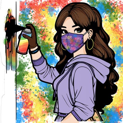 realistic girl with mask spray painting a wall