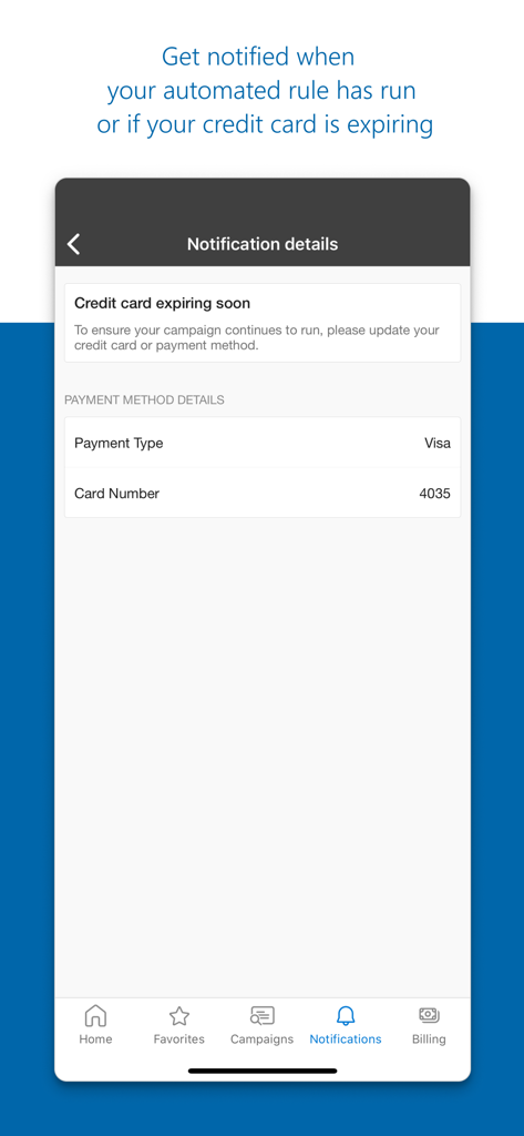 Mobile Microsoft Advertising App mit einer Benachrichtigungswarnung für eine ablaufende Kreditkarte, um Kampagnenausfälle zu verhindern