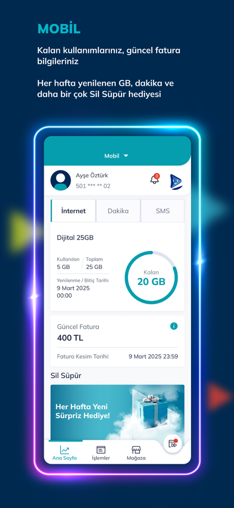 Turk Telekom app interface showing mobile data usage balance and monthly bill details.