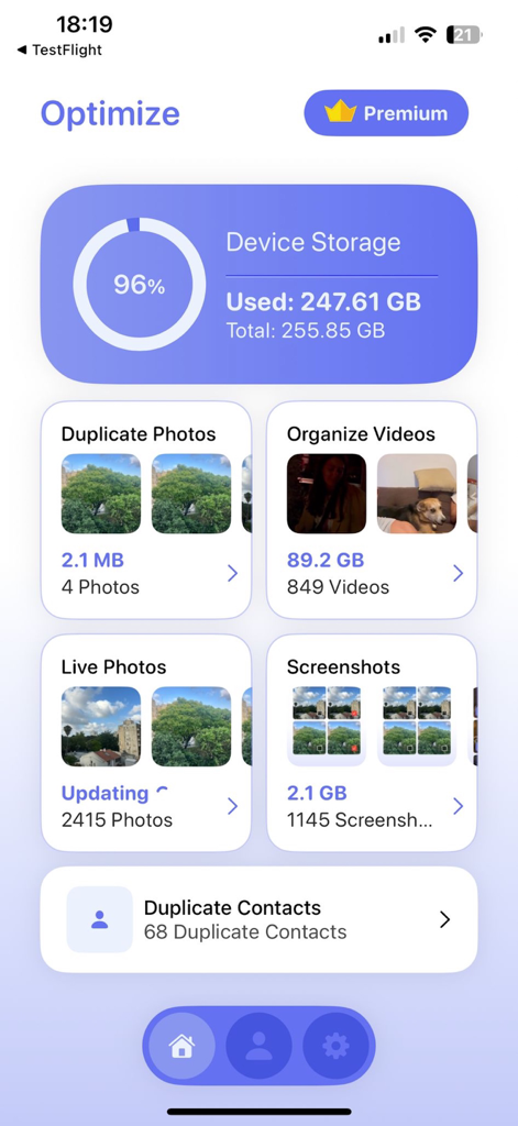 Storage Cleaner* - Main dashboard of the Storage Cleaner app showing device storage usage and media categories like duplicate photos and videos