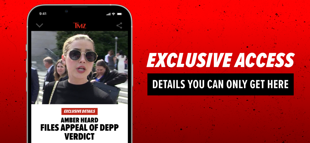 TMZ - TMZ app screen showing exclusive celebrity news and legal drama headlines