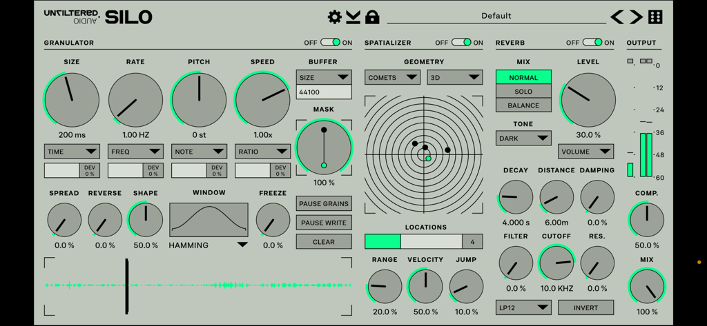 Silo - Granulator and Reverb - Silo Granulator 및 Reverb 앱의 사용자 인터페이스, 그래뉼러 신디시스 및 공간화 컨트롤 표시