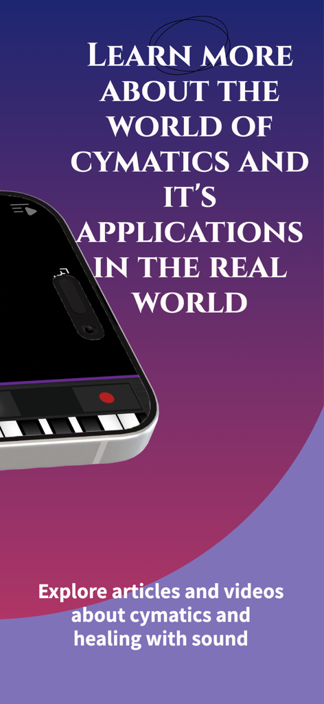 CymaScope - Tela educacional do aplicativo CymaScope com artigos e vídeos sobre cimatica e cura sonora.