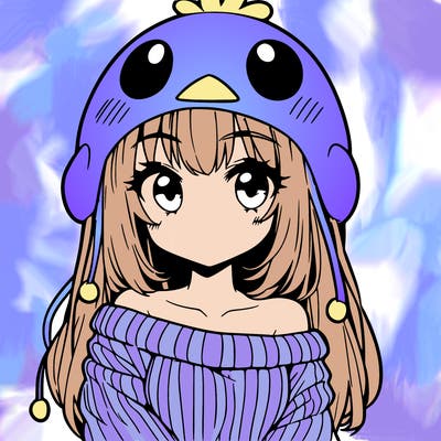 anime girl with chick shaped hat with sweater with bare shoulders with bangs covering them one eye with low tail