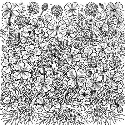 Immerse yourself in the lush beauty of nature with this intricate shamrock plants full scene coloring page. Featuring a dense tapestry of clovers, flowers, and roots, it offers a deeply engaging coloring experience.