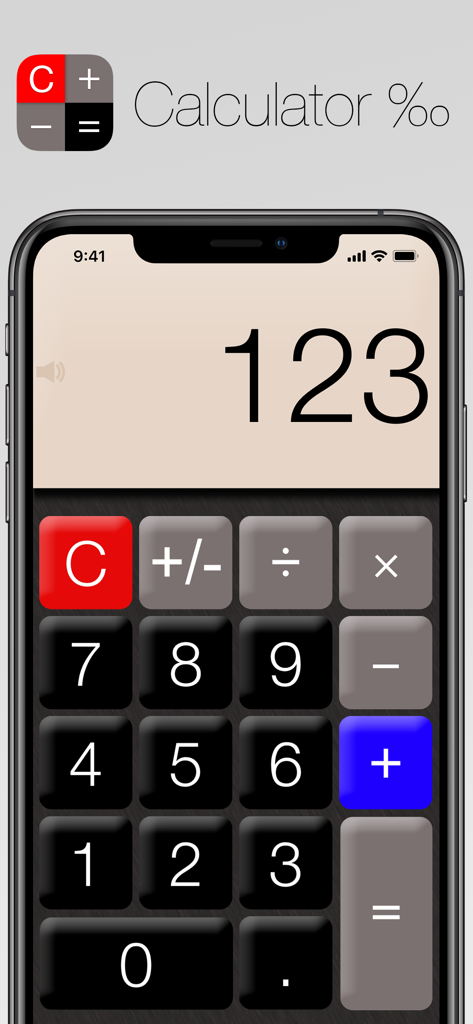 Calculator‰ - Una interfaz de aplicación de calculadora simple con botones grandes y pantalla de alto contraste en un teléfono móvil.