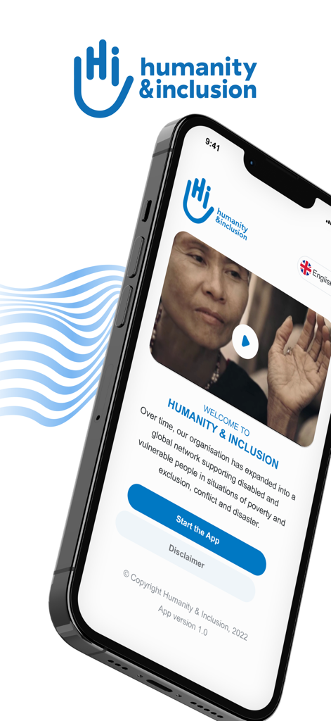 HI-EO - Welcome screen of the HI-EO mobile app by Humanity and Inclusion showing the start button and logo.