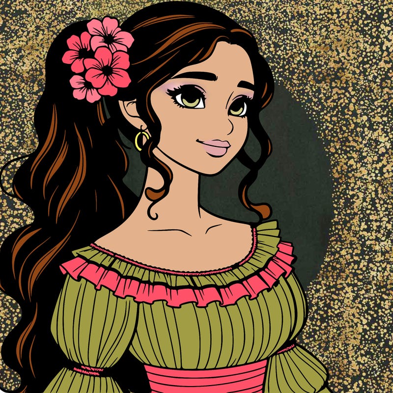 a single latina woman with a side ponytail and a long dress with ruffles. she has a few discreet flowers in her hair. realistic
