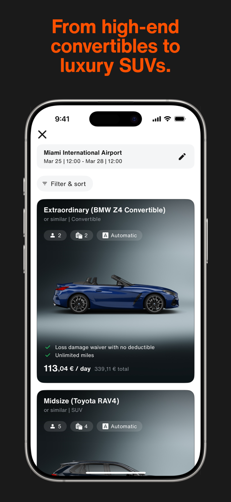 BMW Z4 컨버터블 및 Toyota RAV4를 포함한 프리미엄 렌터카 옵션을 보여주는 SIXT 모바일 앱 인터페이스