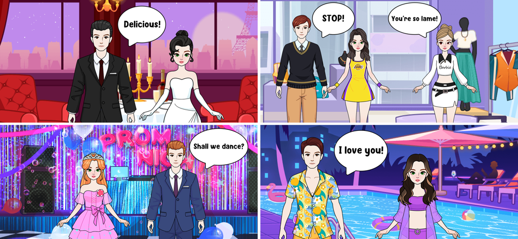 Collage de cuatro escenas de narración diferentes en el juego Paper Doll Makeover que muestran el vestuario de personajes y el diálogo