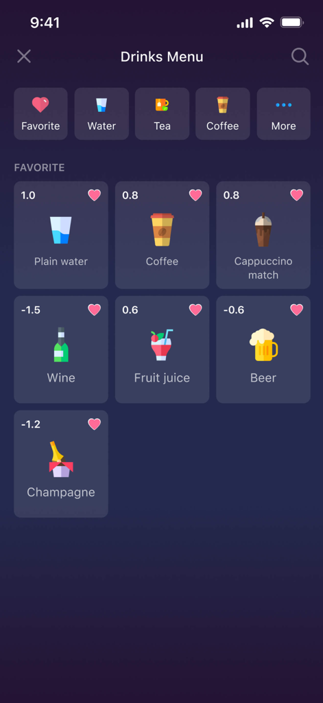 Drink water: Drinking reminder - Menu des boissons dans l'application de suivi de l'hydratation montrant une sélection de boissons comme le café et le jus avec des valeurs d'hydratation