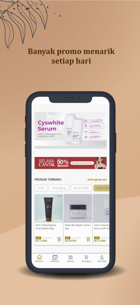 The home screen of the Natasha Skincare mobile app showing product categories like acne and brightening with daily promotional banners.