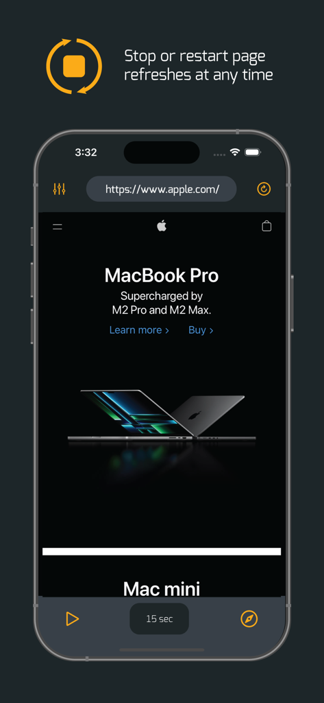 iPhone画面に、自動更新設定と15秒タイマーが表示されたプライベートブラウザアプリのインターフェースが表示される