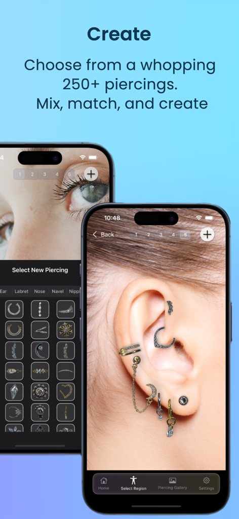 Piercing simulator app interface showing a curated ear design and jewelry selection.