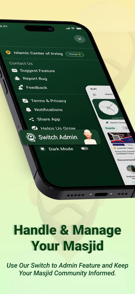 CMZ (ConnectMazjid) - Events - Mobile app screen showing the Switch Admin feature for masjid management and community updates