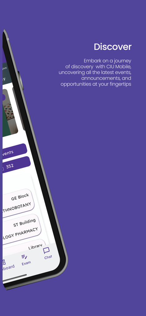 A smartphone showing the CIU Mobile app discover page with latest events and campus announcements.