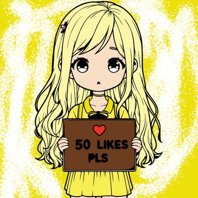 a realistic girlbwith her hair out sayingholding a sign saying" 50 likes pls "