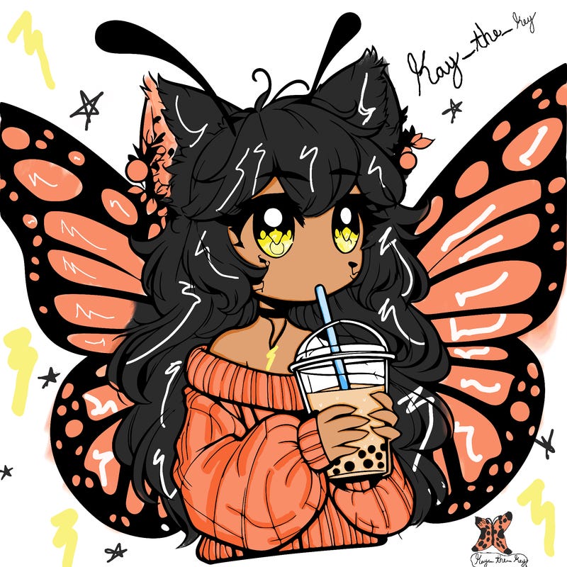 a realistic butterfly/furry girl drinking boba
