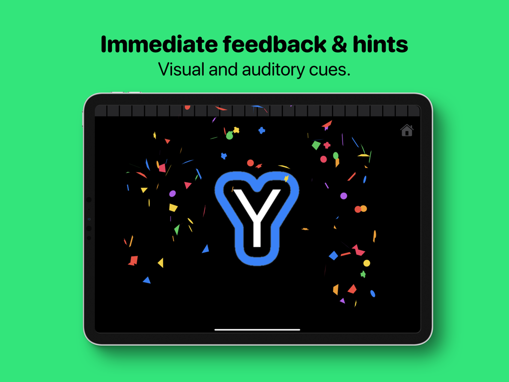Bubbly - CVI Literacy - Pantalla de iPad de alto contraste de la aplicación Bubbly que muestra una letra Y grande con confeti colorido como retroalimentación visual
