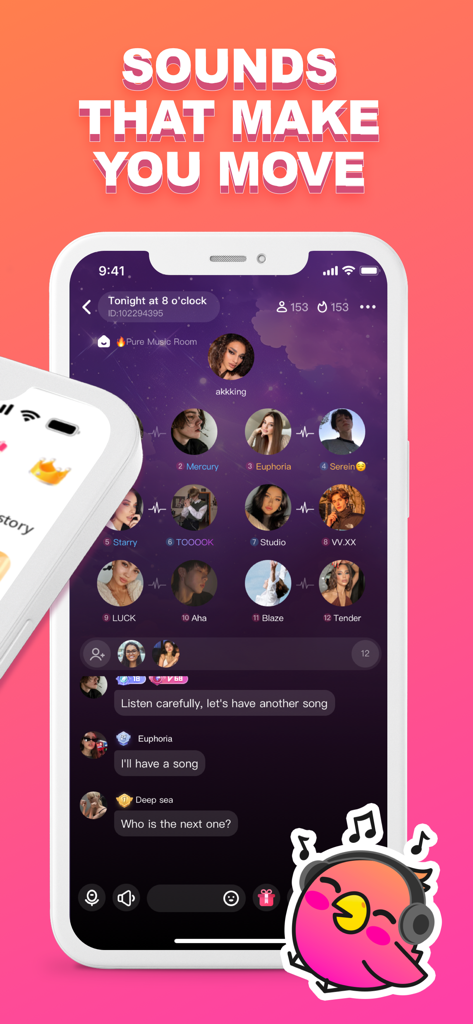 Veeka: Make New Friends - Captura de tela do aplicativo móvel Veeka mostrando uma sala de música em grupo com perfis de usuário e uma interface de chat ao vivo.