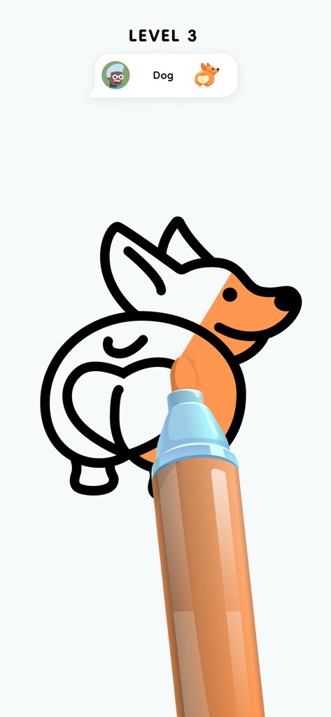 Digital drawing of a cute dog being colored with an orange marker in the Color Page ASMR app