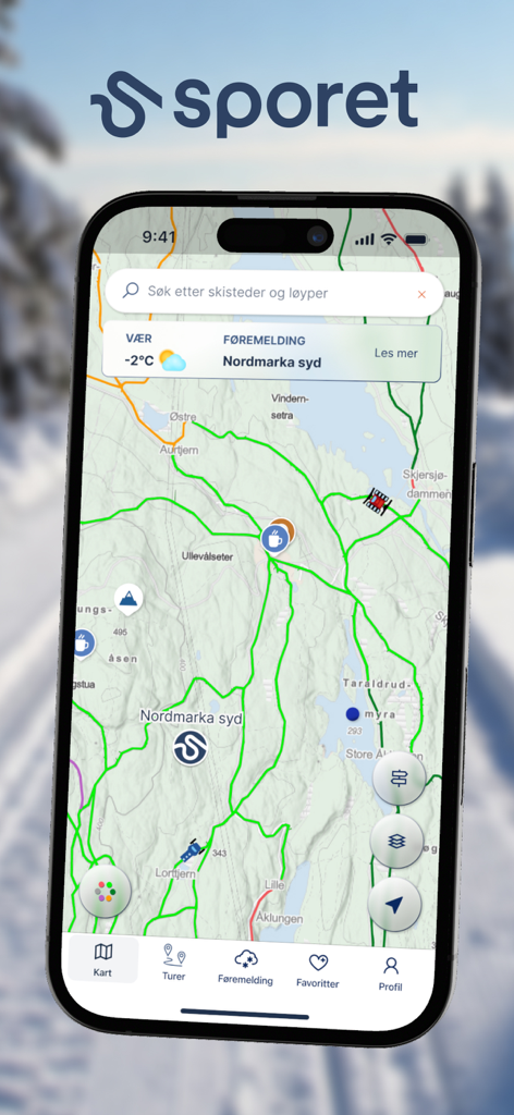Sporet - Sporet app screen showing live cross country ski trail maps and weather