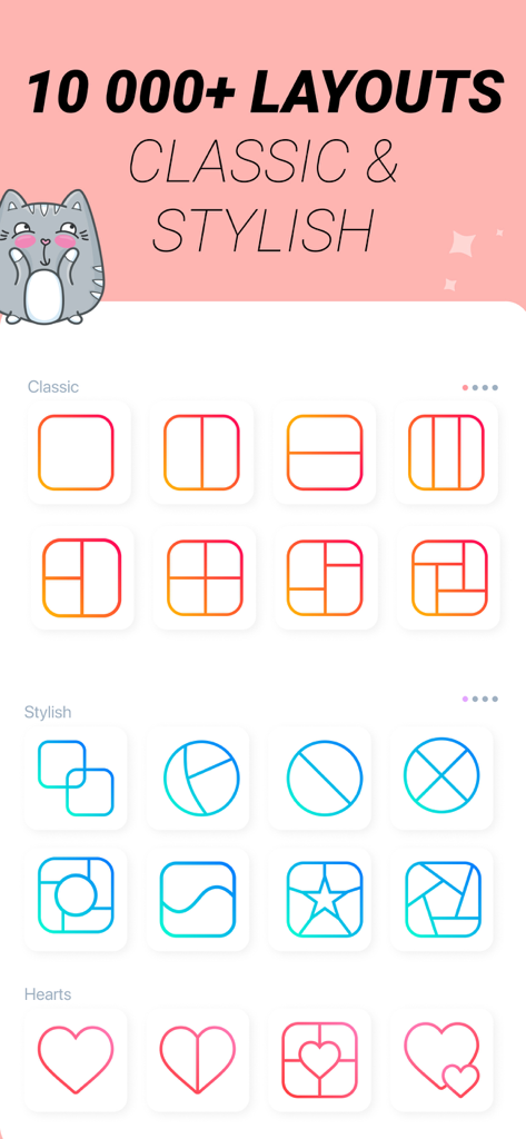 Selection of classic stylish and heart shaped photo collage layout templates in a mobile app