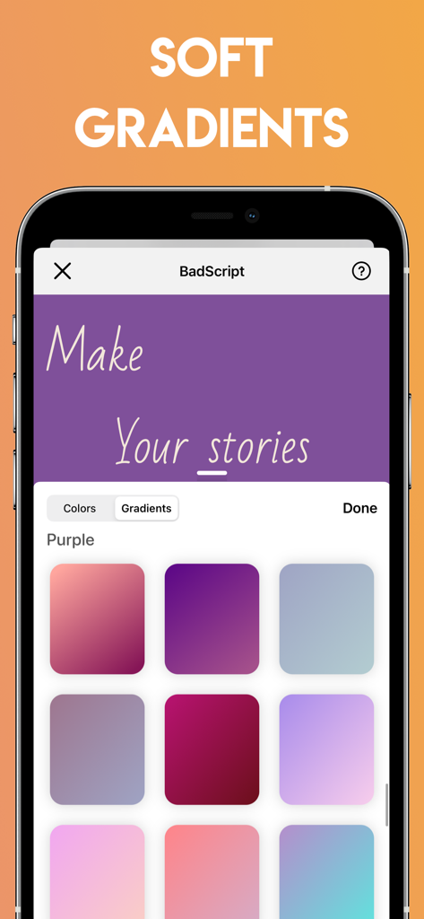 Fancy Fonts for Stories - Mobile app interface showing a selection of purple soft gradient backgrounds for custom social media stories